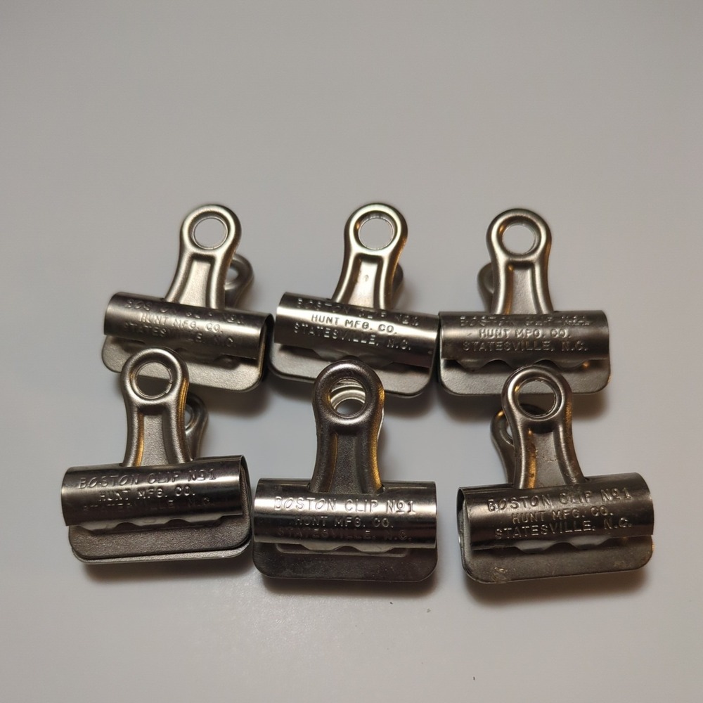 6 Vintage Boston Metal Paper Clip No. 1 Stainless Steel Binder Hunt Mfg USA